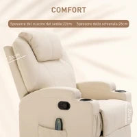 Poltrona Relax Elettrica Reclinabile Girevole con 2 Portabicchieri, Telecomando, Poggiapiedi e 4 Tasche Laterali, in Pelle PU, Legno e Acciaio, Crema