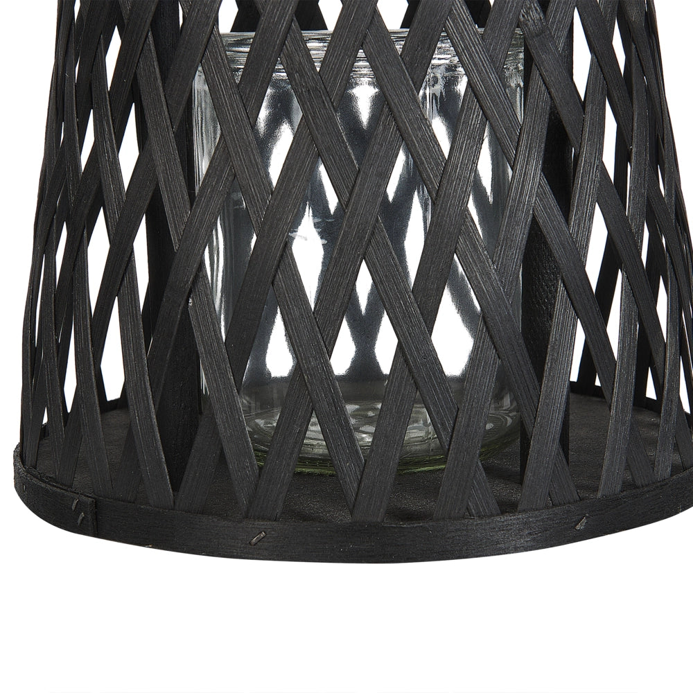 Lanterna a candela in legno di bambù nero da 38 cm con portacandele in vetro in stile Boho per interni
