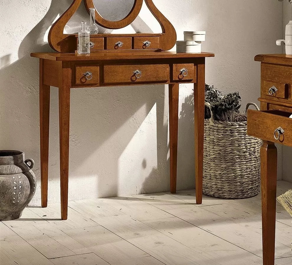 Consolle in legno in 6 cassetti con specchiera arte povera tinta noce l.90 x p.40 h.81 - Mobili 2G