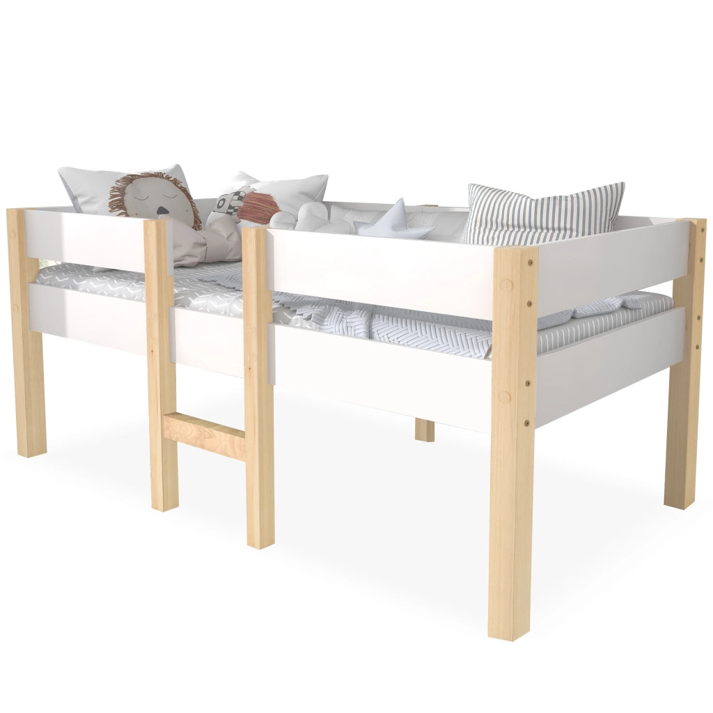 Letto per bambini bianco e rovere con protezione anticasco in legno massello di pino 90x190 cm