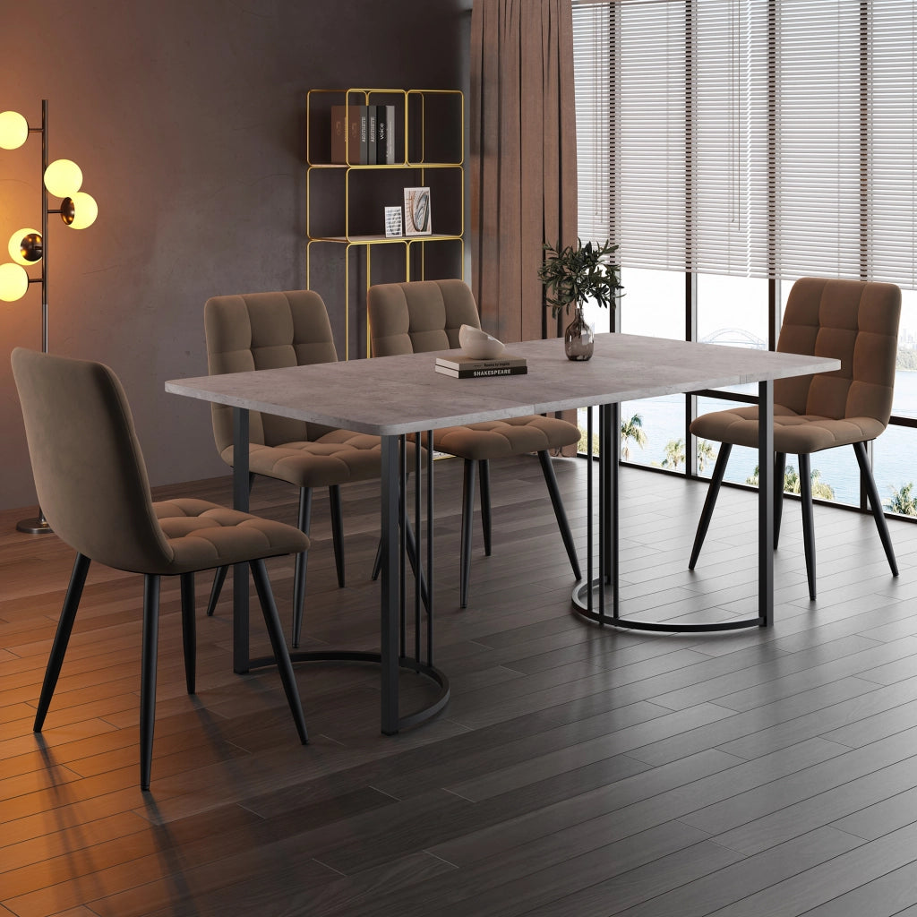 Tavolo da pranzo per 4 persone con 4 sedie, piano in MDF effetto marmo e gambe in metallo, grigio, 140 × 80 cm
