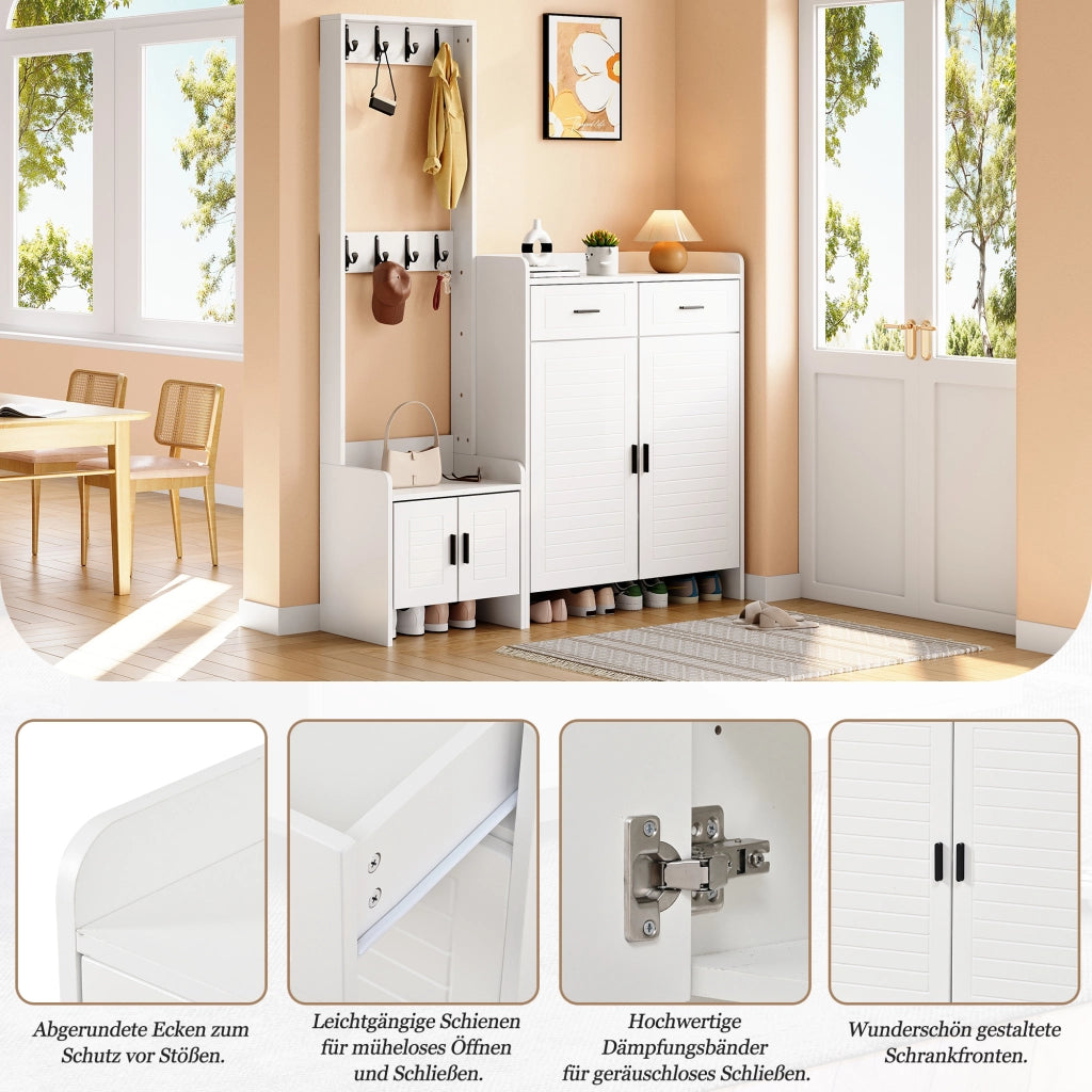 Set di mobili da ingresso con 2 ante 2 cassetti 6 ripiani e 8 ganci in MDF bianco