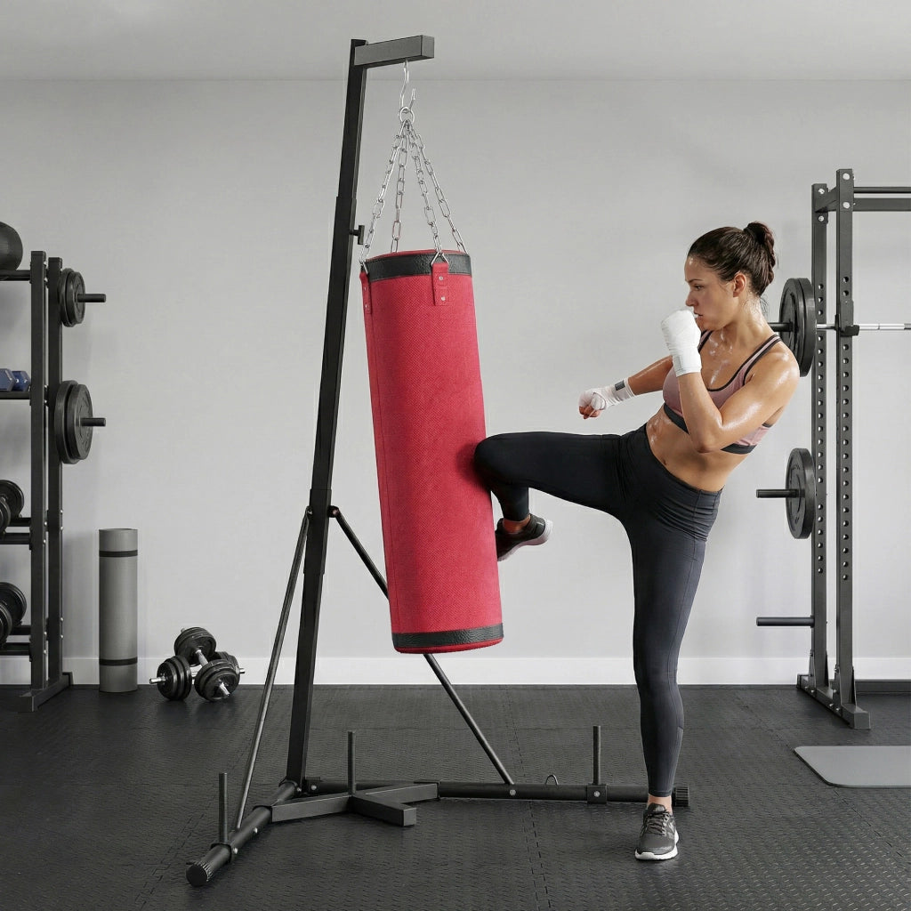 Supporto Sacco da Boxe Regolabile ¨C zephmum ¨C Acciaio e Tela, 175x91x185-231 cm, Rosso