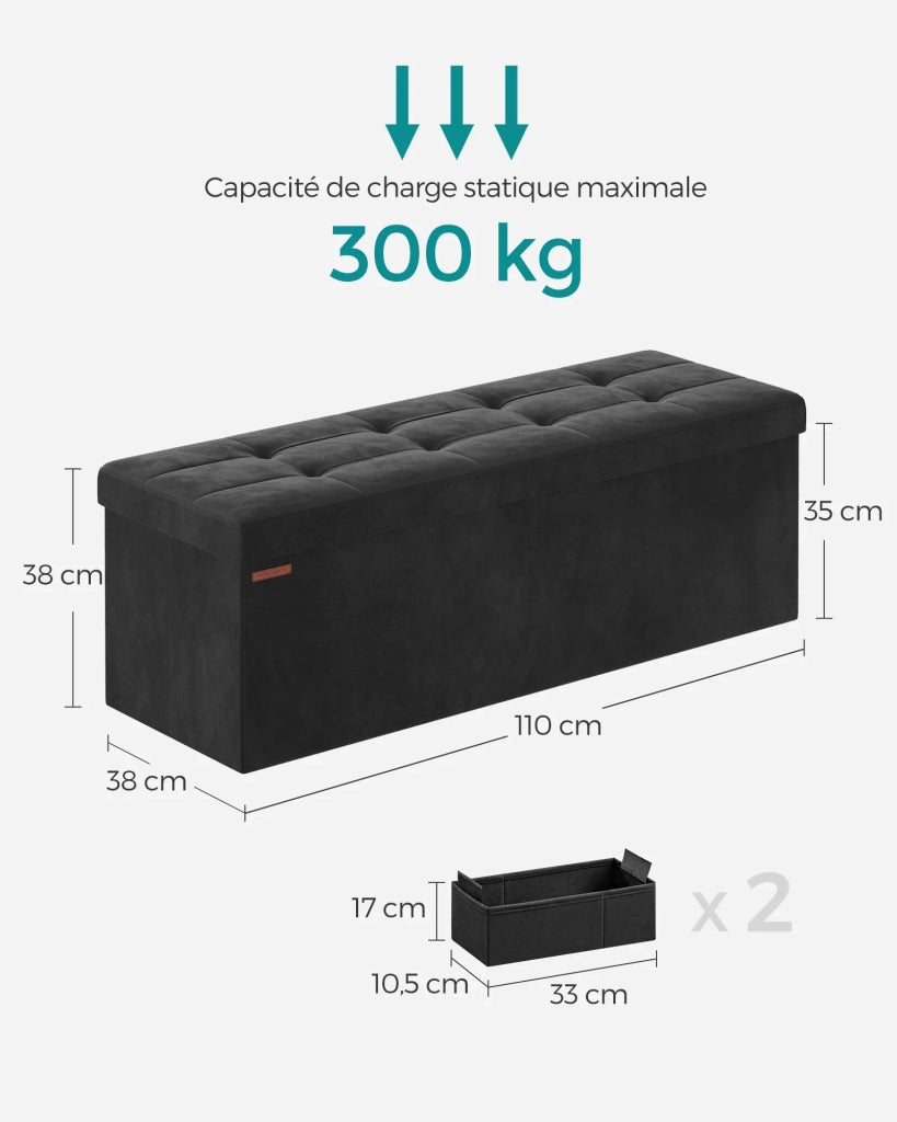 Panca contenitore in velluto con coperchio 2 contenitori divisori rimovibili capacità di carico 300 kg per corridoio soggiorno camera da letto nero 12_0004159