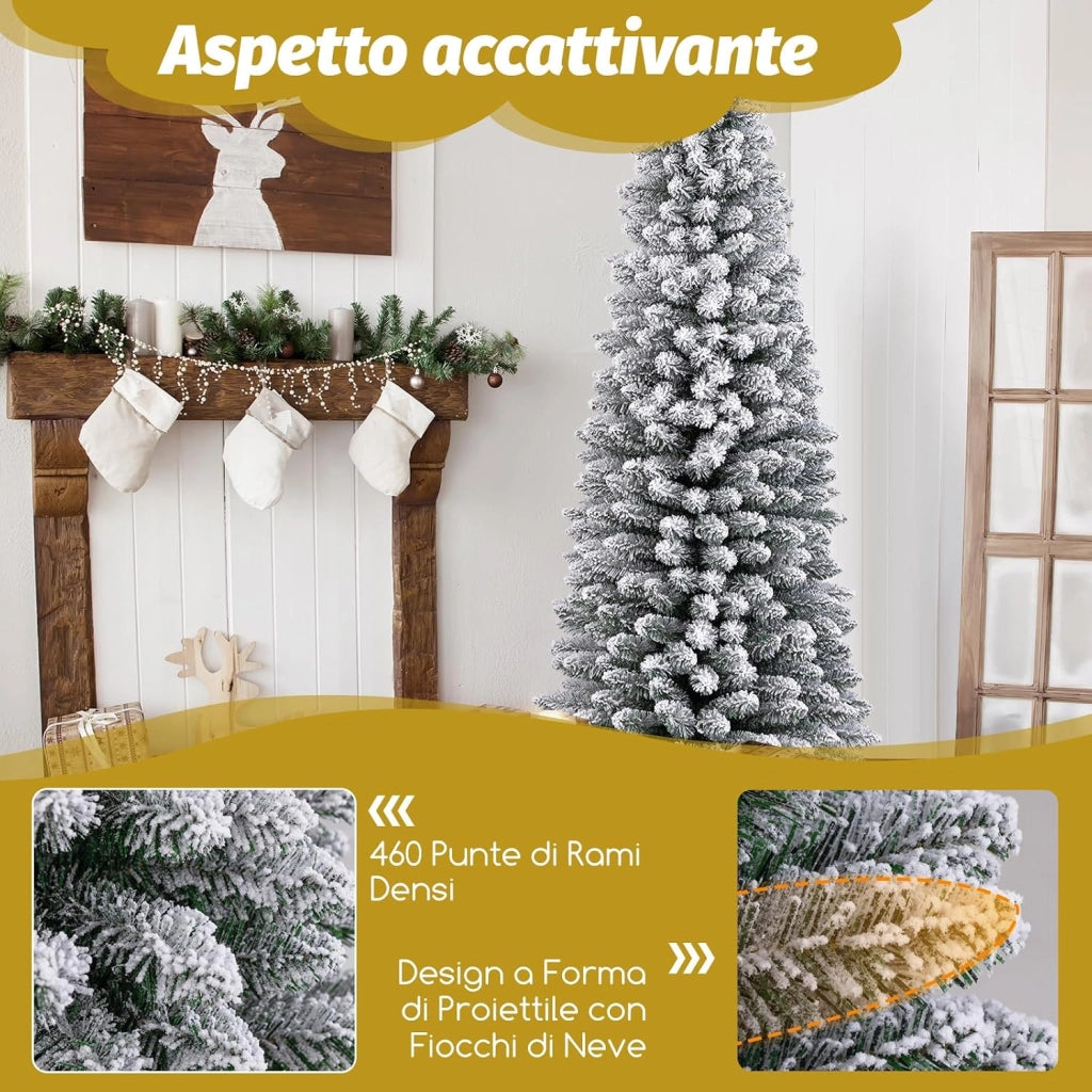 Albero di Natale Slim 120/150/180 cm, Albero di Natale Artificiale Innevato con 240/328/460 Rami e Supporto Metallico Pieghevole, per Piccoli Spazi, Decorazione per Casa e Feste (180 cm)