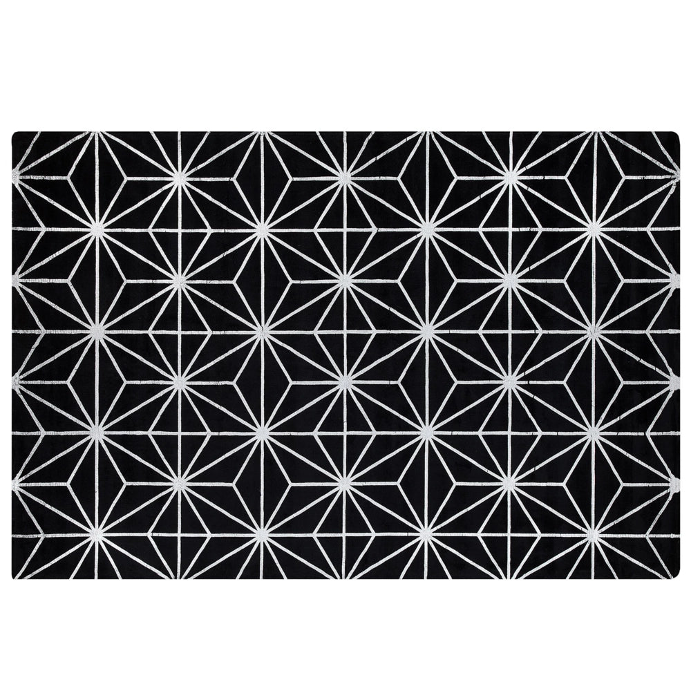 Tappeto tappetino Nero e Argento Motivo Geometrico Viscosa e Cotone 140 x 200 cm Tessuto a Mano Moderno Stile Glam Soggiorno Camera da Letto