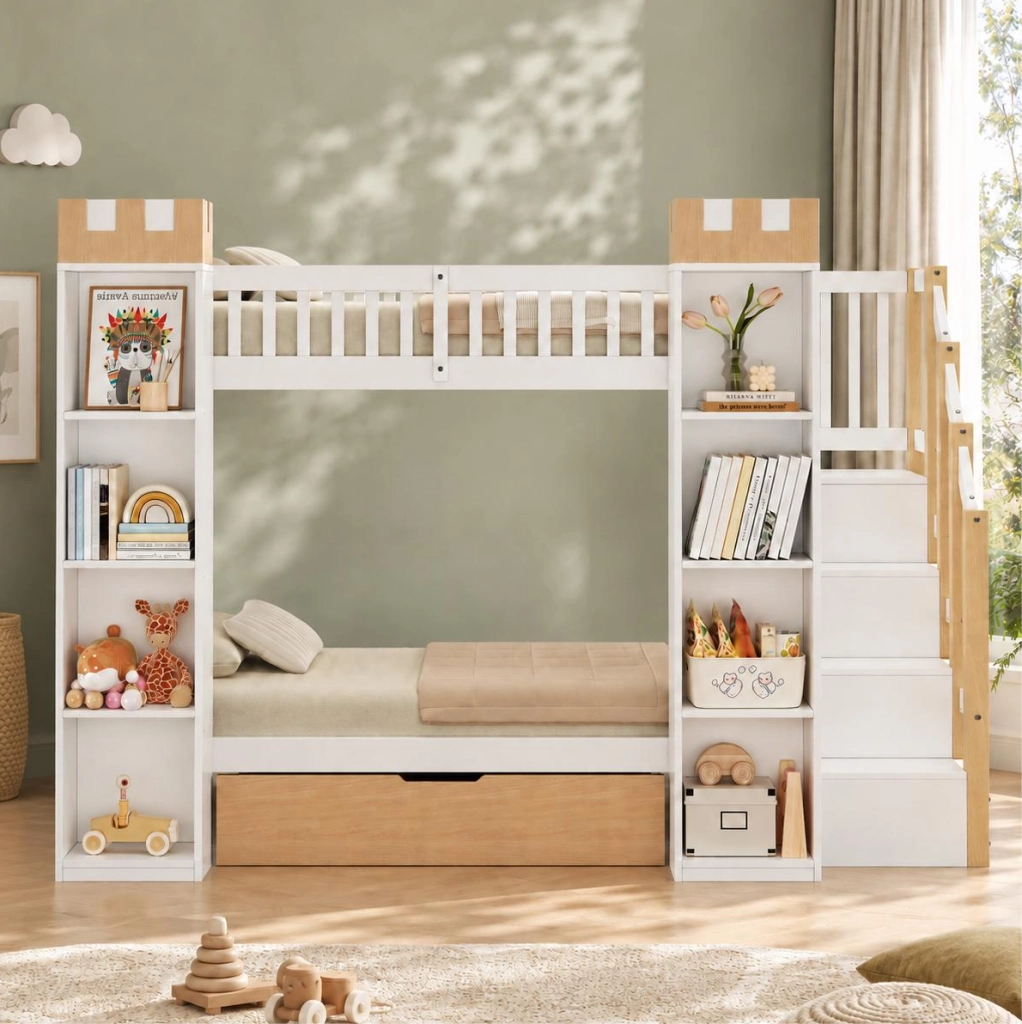 Letto a castello per bambini 90x200 cm con scala contenitore; cassetti e ripiani; bianco