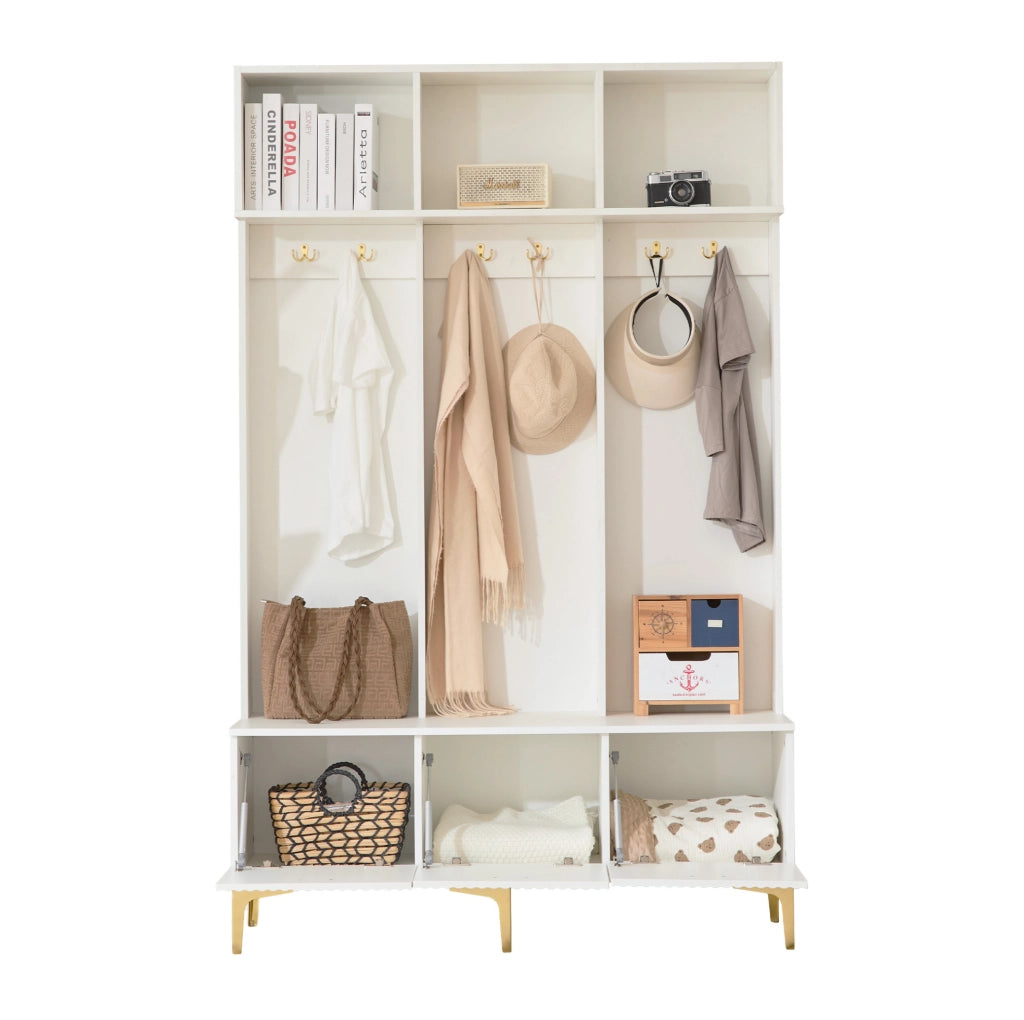 Mobile ingresso multifunzione con panca 120x23;5x191;5 cm in pannello truciolare bianco e metallo