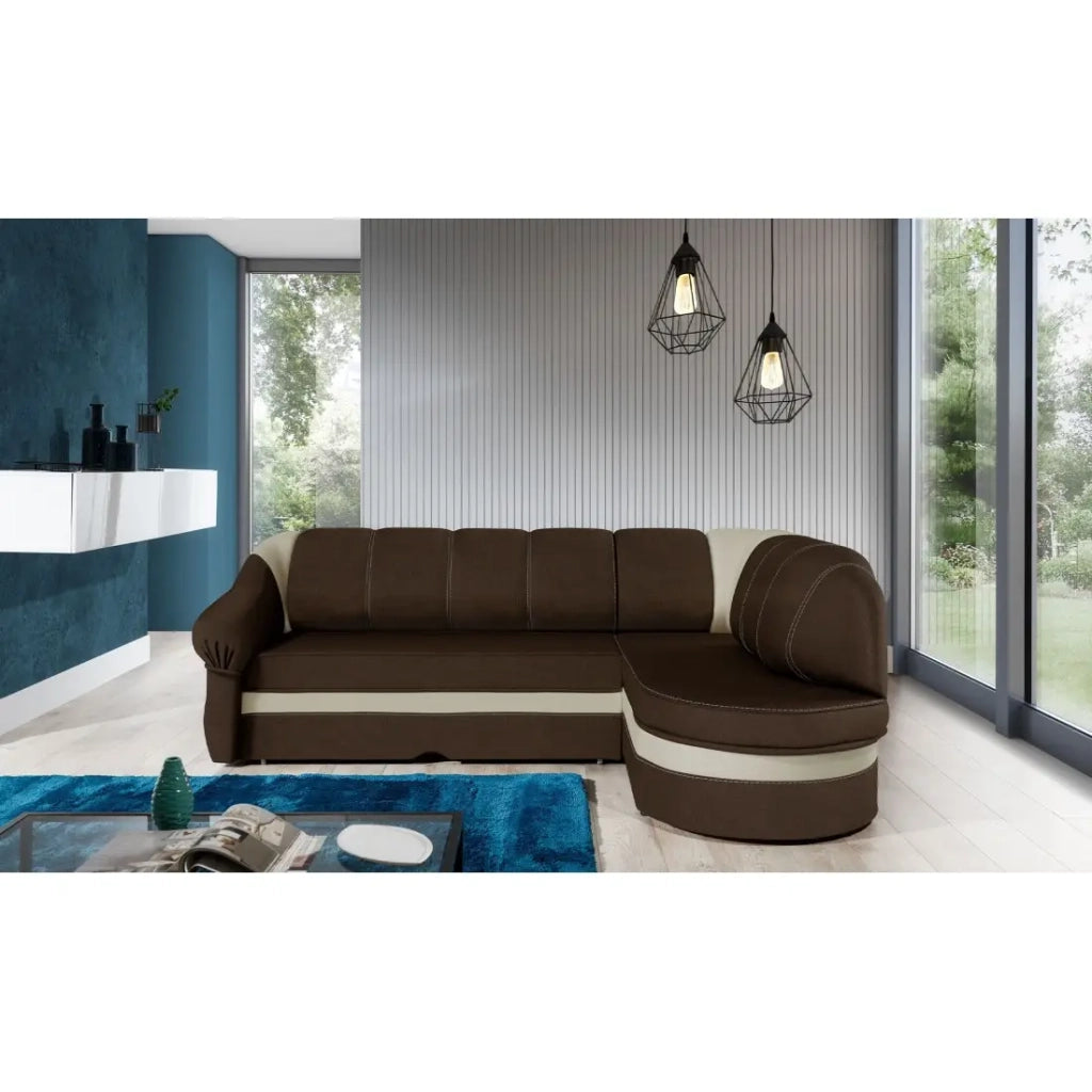 Divano angolare destro trasformabile BENANA 250 cm marrone e beige con contenitore