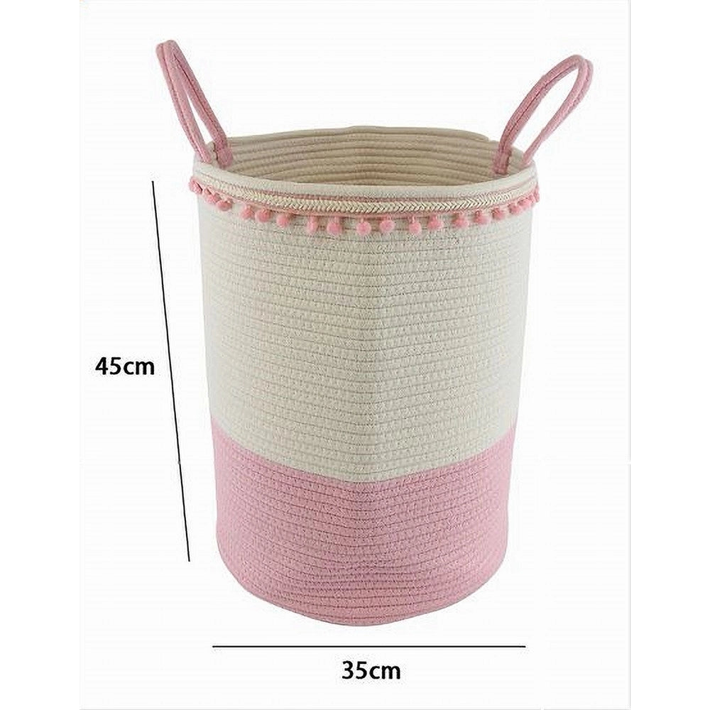 Trade Shop - Cesto Portaoggetti Per Biancheria In Corda Pon Pon Rosa Con Manici 35x45cm 10668 -