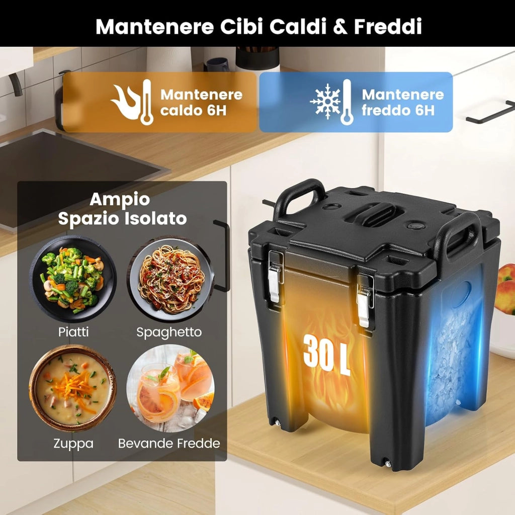 30 L Contenitore Termico Portatile per cibi e bevande, contenitore per alimenti in Acciaio Inox con 2 Maniglie e 4 Ruote, Thermos per Alimenti per Catering Campeggio, Nero