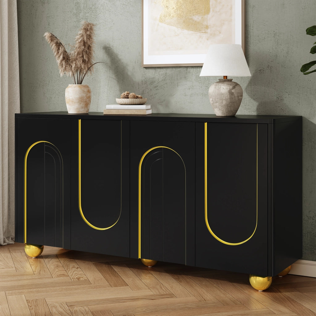 Credenza a 4 ante con rilievo ad arco dorato; 2 scomparti e ripiani; per sala da pranzo e soggiorno; nero; 140 × 40 × 74 cm