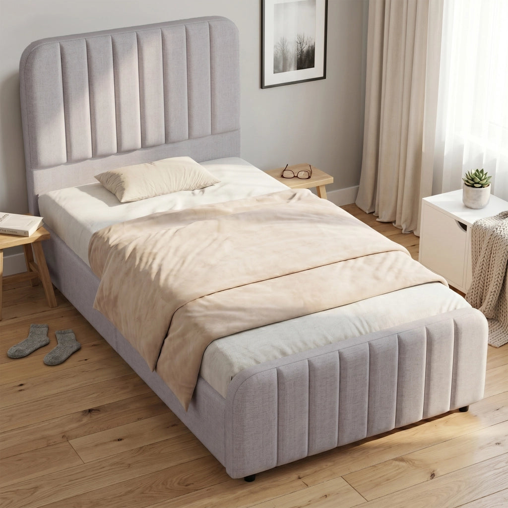 Letto imbottito singolo 90x200 cm con rete a doghe, contenitore idraulico, testiera e struttura in lino grigio