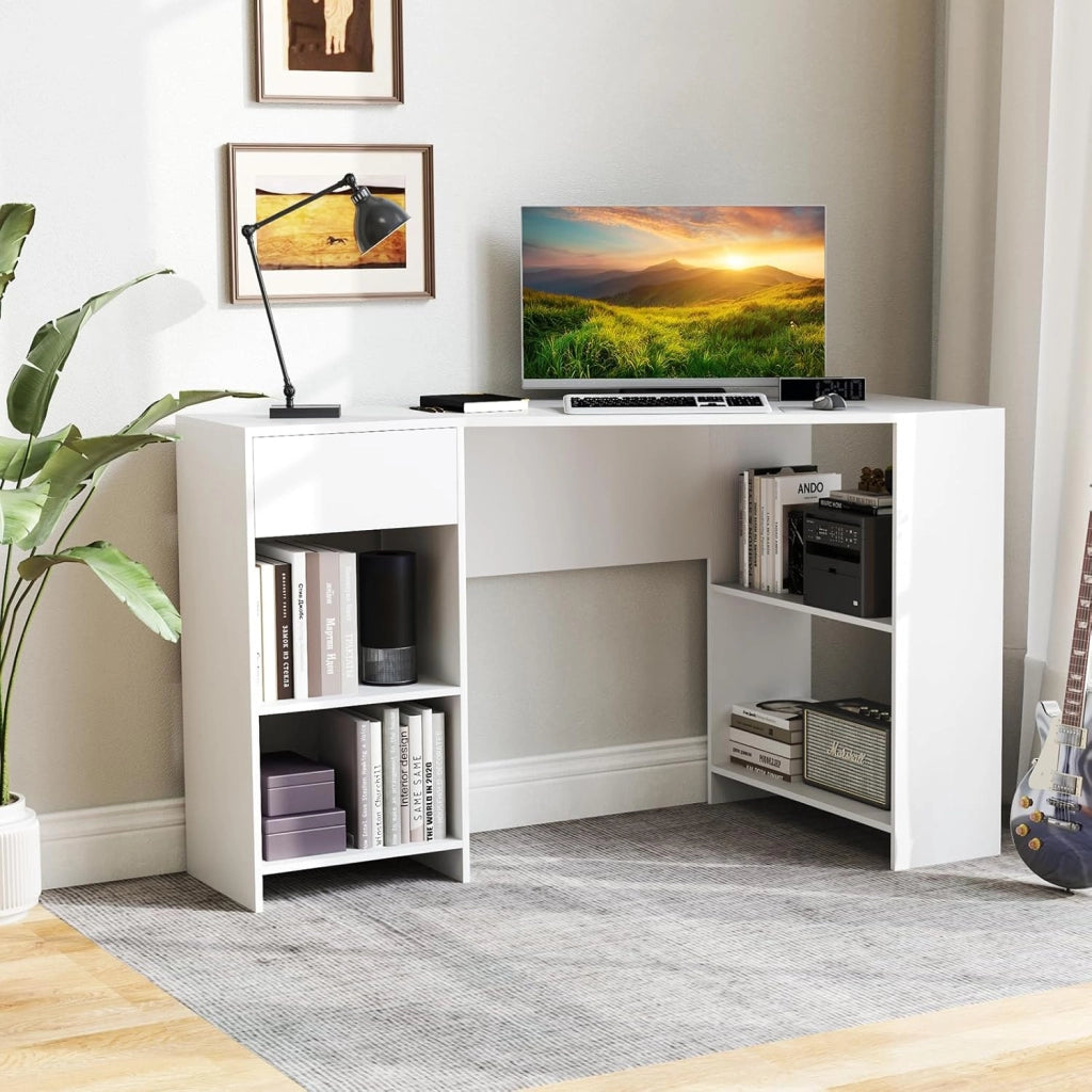 Scrivania ad Angolo per Computer 120 x 60 cm, Scrivania a Forma di L con Ripiani e Cassetto, Scrivania Angolare Gaming Salvaspazio per Ufficio, Studio e Cameretta, Bianco