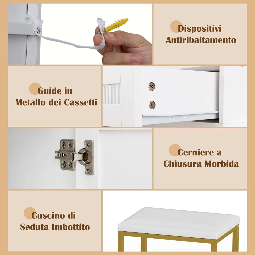 Toeletta da Trucco con Luci, Set Tavolo e Sgabello da Trucco con Stazione di Ricarica, Luci LED a 3 Colori, 3 Cassetti, Armadietto per Gioie, Supporto per Asciugacapelli (Modello 2)