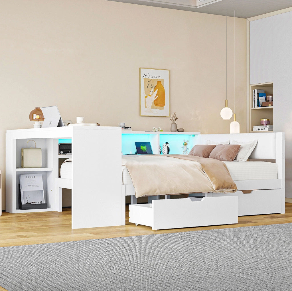 Letto 140x200 cm con contenitore; presa USB e LED in MDF; compensato; lino bianco