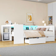 Letto 140x200 cm con contenitore; presa USB e LED in MDF; compensato; lino bianco