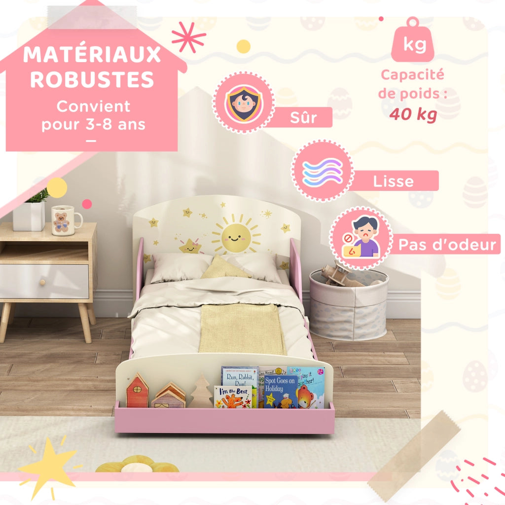 Letto singolo per bambini con barriera di sicurezza, rete a doghe e contenitore ¨C zephmum ¨C rosa 70x140 cm