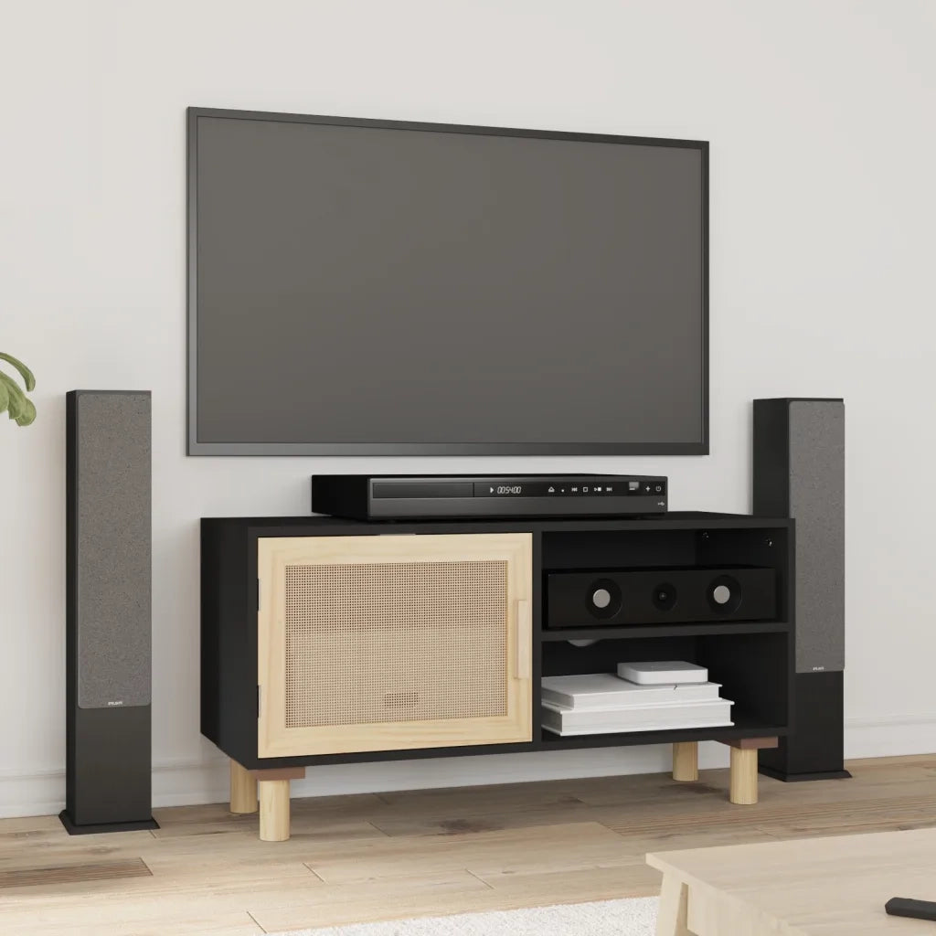 Mobile TV | Armadietto TV | Mobile Porta TV Nero 80x30x40 cm Massello Pino e Rattan Naturale