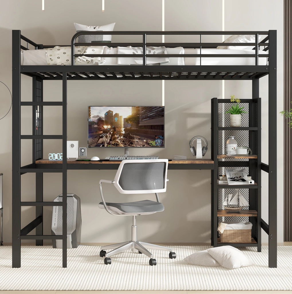 Letto a soppalco 90x200 cm nero e noce scuro, MDF e metallo con scrivania, senza materasso