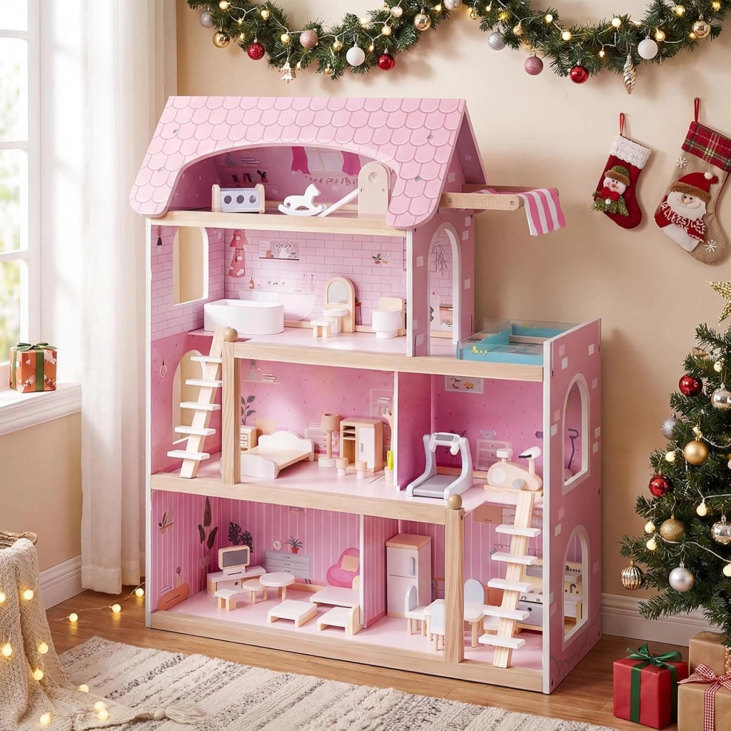 Casa delle Bambole in Legno, Casa Bambole con 4 Piani, 6 Stanze, Terrazza, Piscina e Scale, Casetta Giocattolo Educativo con 33 Mobili Accessori, per Bambini 3+ Anni, 63 x 25 x 78 cm (Rose)