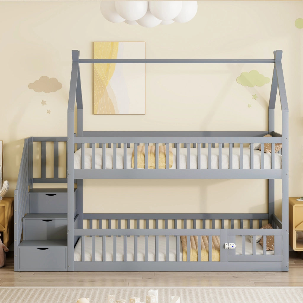 Letto a castello per bambini 90x200 cm in legno massiccio con tetto, scala con cassetti e design salvaspazio