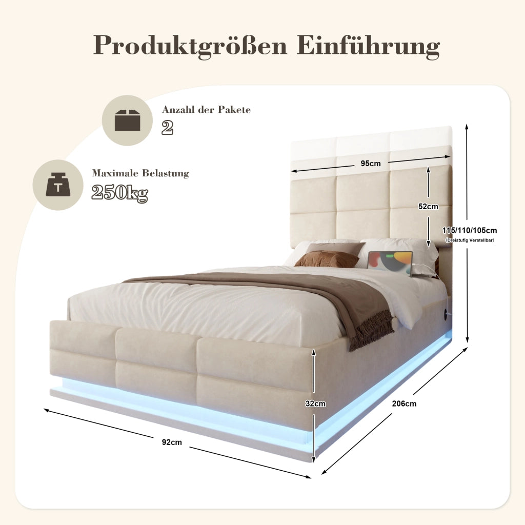Letti contenitori 90x200 cm; testiera regolabile con LED e USB; velluto beige (Senza materasso)