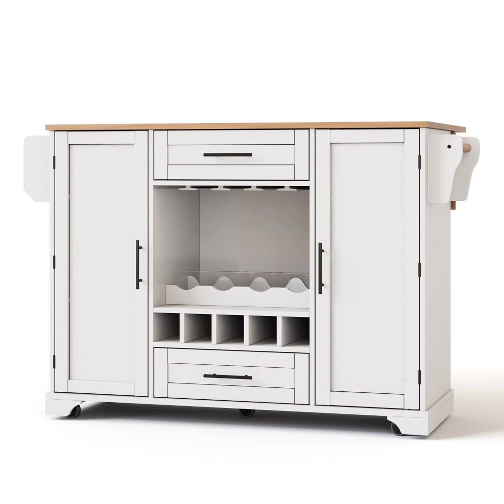 Isola da Cucina Mobile 138x45/70x92 cm Bianca e Legno con Portabottiglie, 2 Cassetti e 5 Ruote