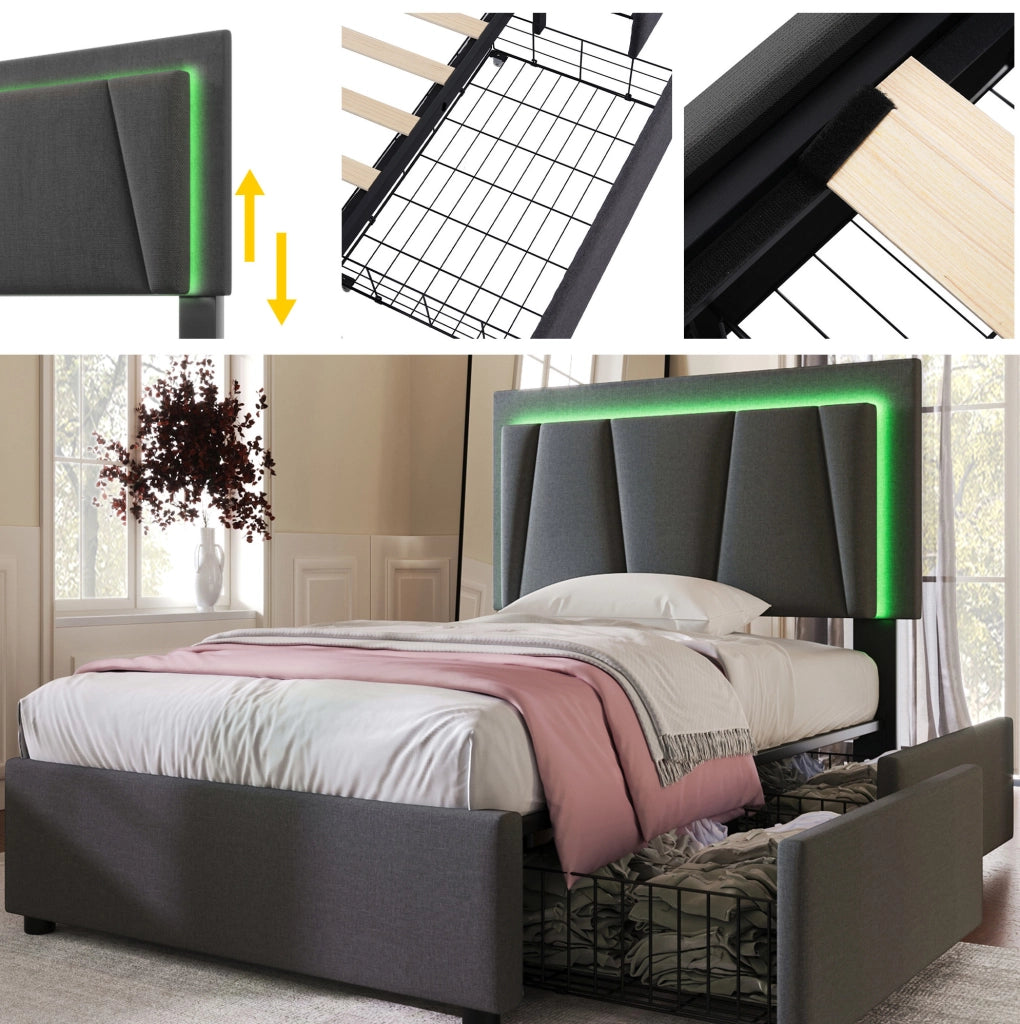 Letto singolo 90x200 cm con LED; 2 cassetti e testiera regolabile; grigio