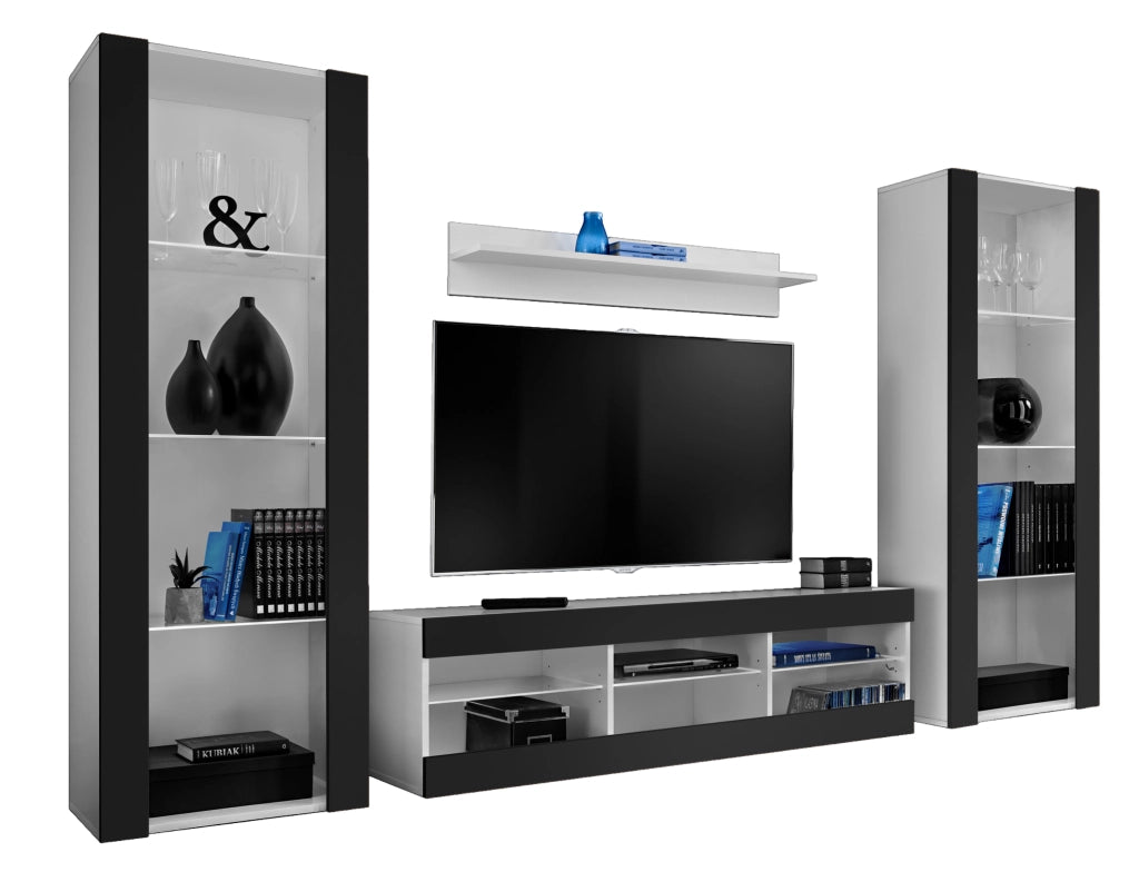 Set di mobili porta TV Tivoli Grande, Komodee, Bianco Nero, Senza LED, Larghezza 250 cm x Altezza 159 cm x Profondità 35 cm, Per soggiorno, Camera da letto