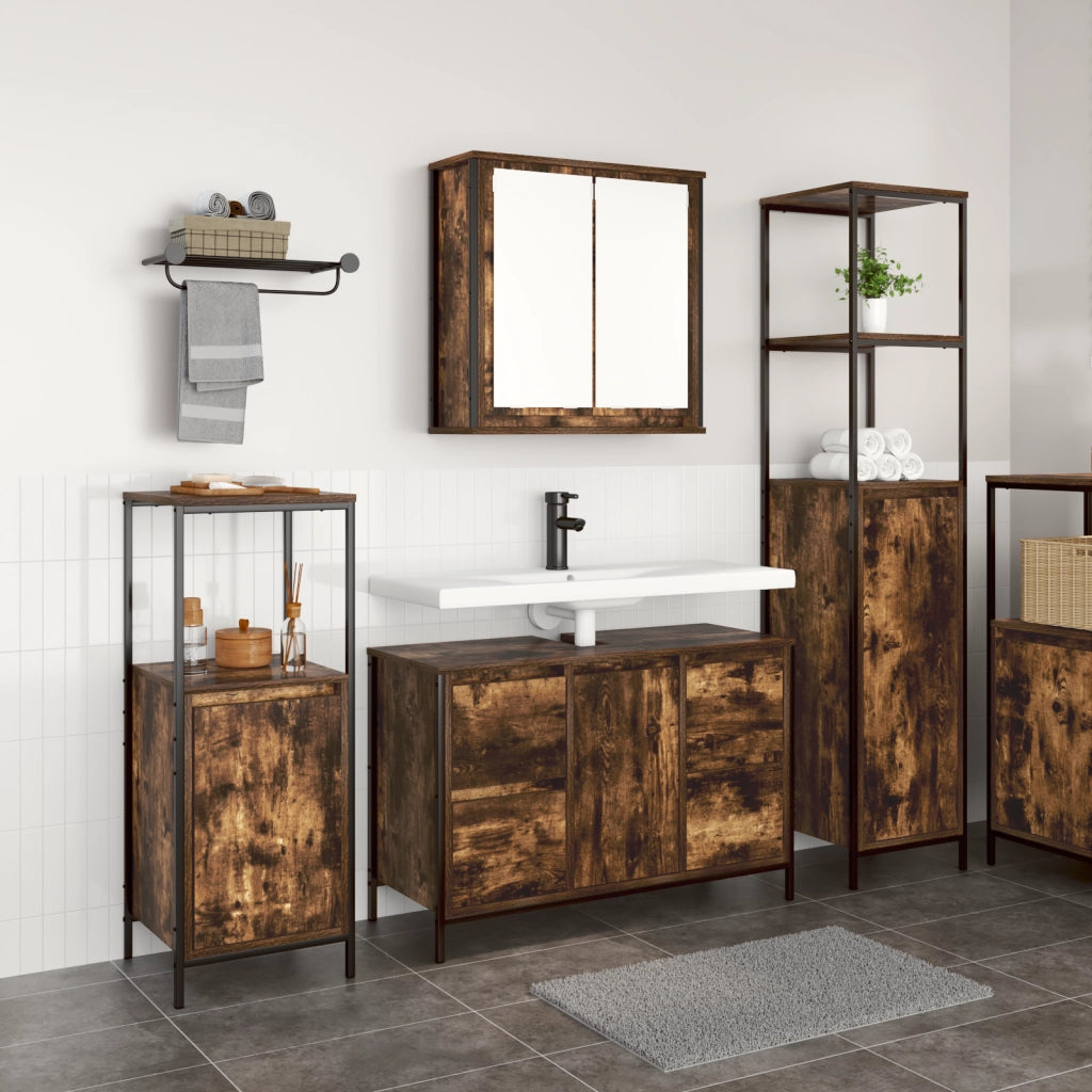Set di Mobili da Bagno a 3 Pezzi in Legno ingegnerizzato Rovere Affumicato