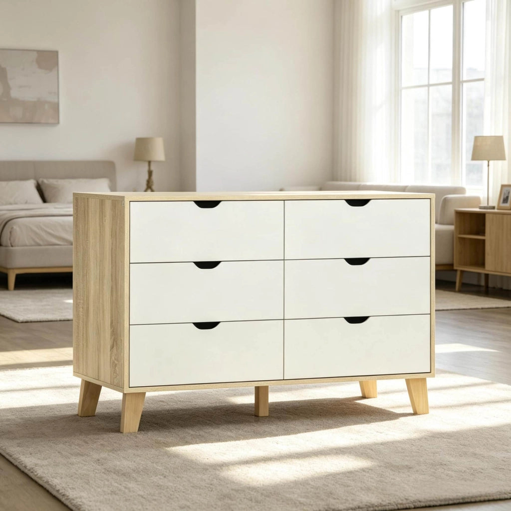 COMÒ 6 Cassetti 120x40x76 cm Bianco e Rovere