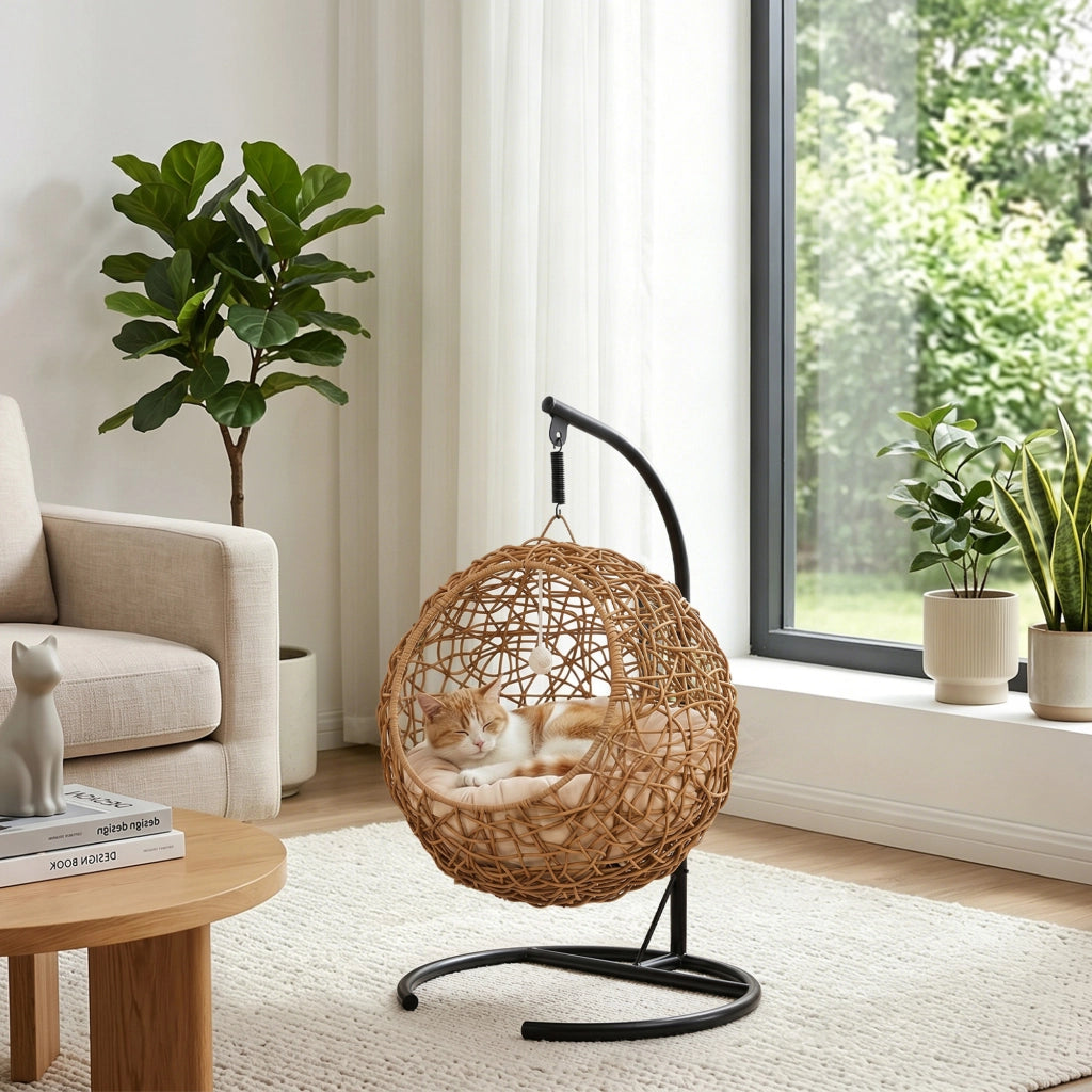Letto per gatti in rattan con cuscino lavabile e palla ¨C zephmum ¨C 45x41x75 cm marrone chiaro