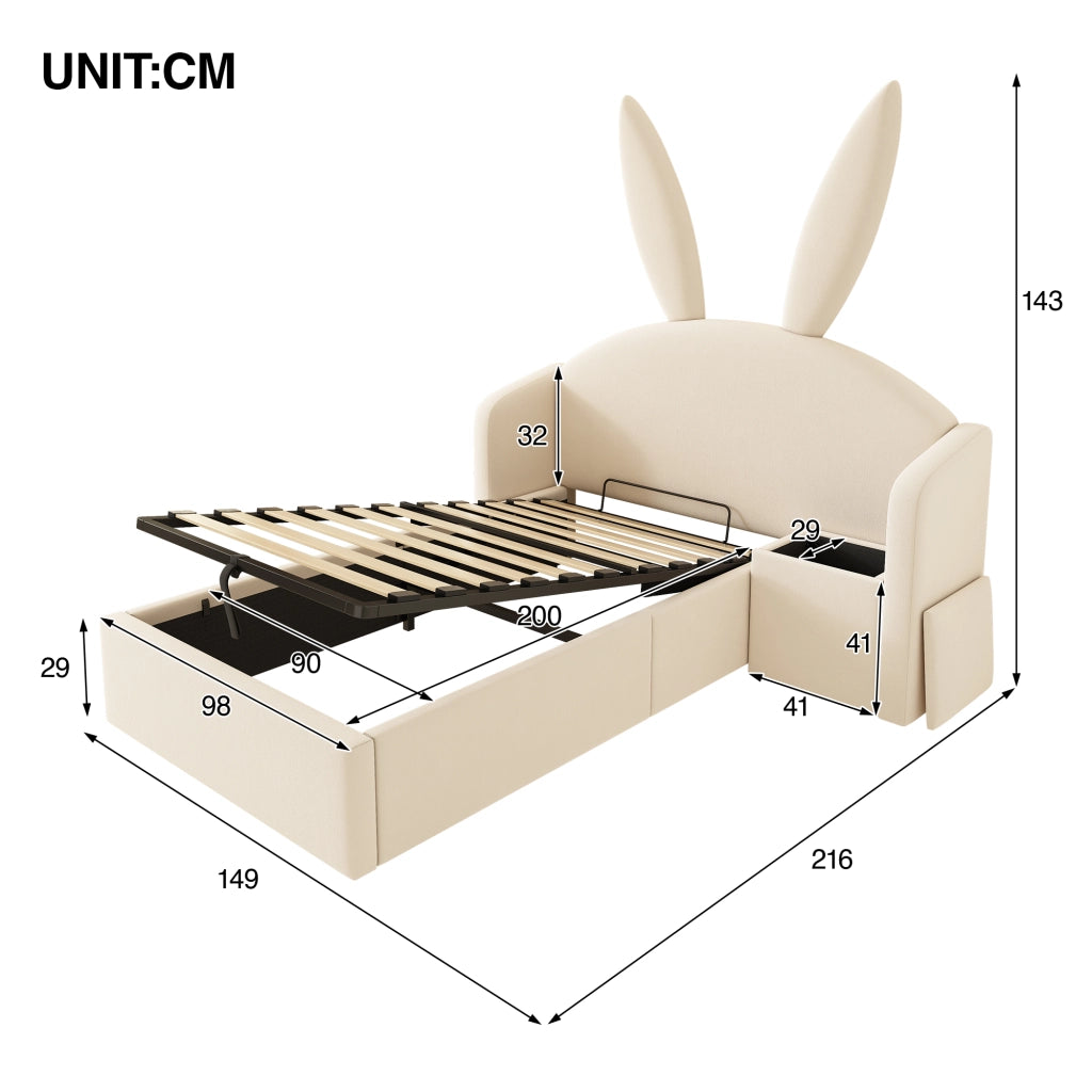 Letto per bambini 90 × 200 cm con contenitore idraulico, comodino reversibile, senza materasso, beige