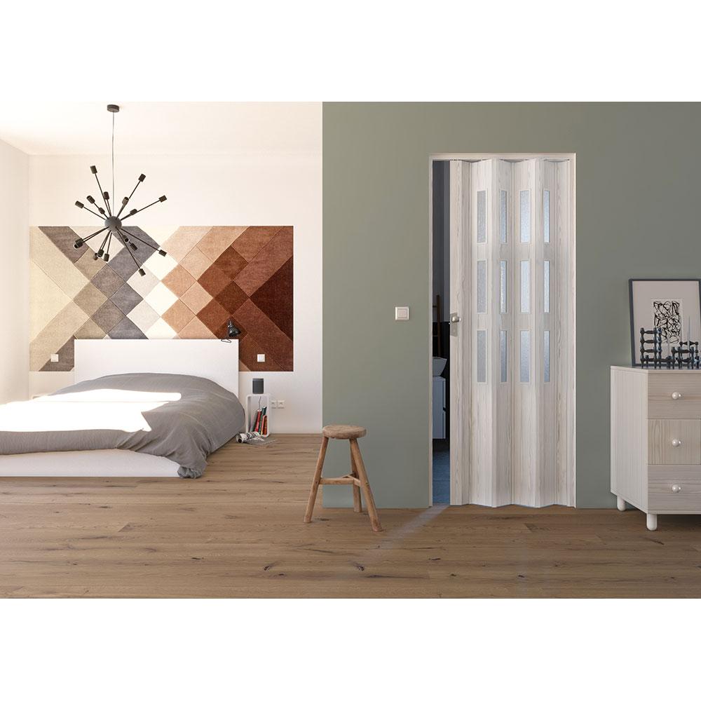 Porta a Soffietto da Interno 88,5x214 cm in PVC con Vetro Florance Pino Sbiancato