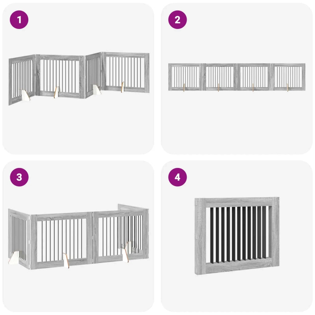 Cancello per cani pieghevole con supporti 4 pcs Grigio Sonoma 892064