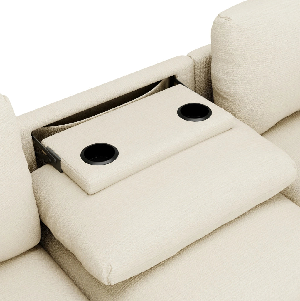 Divano 3 posti 242x80x88 cm con tavolino ribaltabile; USB; porta bicchieri e spazio contenitore in chenille beige