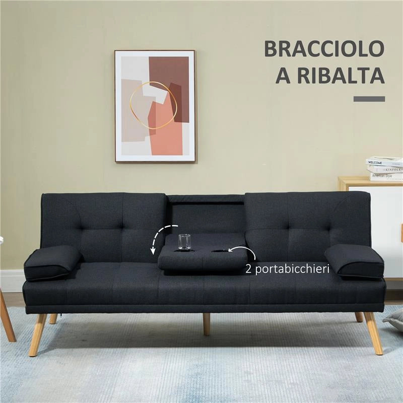 DIVANO LETTO 3 POSTI RECLINABILE CON RIVESTIMENTO EFFETTO LINO E TAVOLINO A RIBALTA GRIGIO