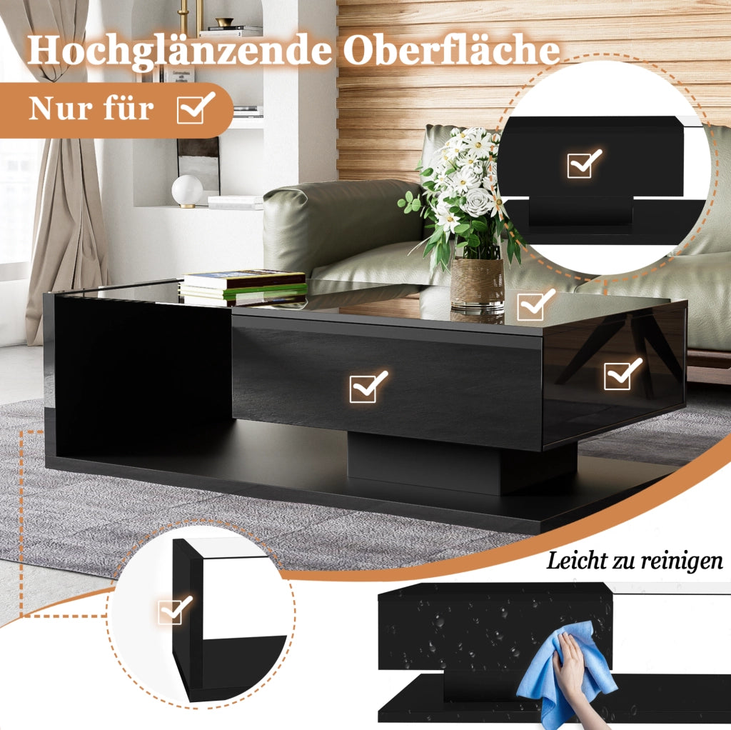 Tavolino da salotto nero lucido con vetro temperato e luci LED