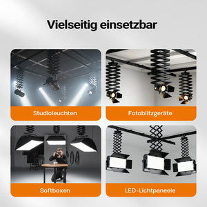 Sistema aereo per studio fotografico - Binari a soffitto 2 x 2,6 m, con 8 staffe e 3 pantografi estensibili in continuo da 40-215 cm fino a 6 kg - Attrezzatura per fotografi e videografi