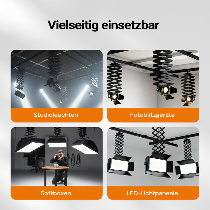 Sistema aereo per studio fotografico - Binari a soffitto 2 x 2,6 m, con 8 staffe e 3 pantografi estensibili in continuo da 40-215 cm fino a 6 kg - Attrezzatura per fotografi e videografi