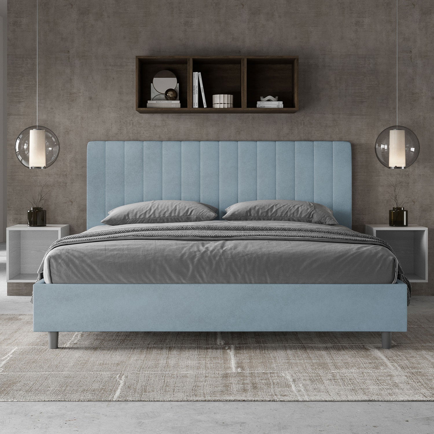 Letto Matrimoniale King Size 200x210 cm con Rete Imbottito in Microfibra Agueda Azzurro