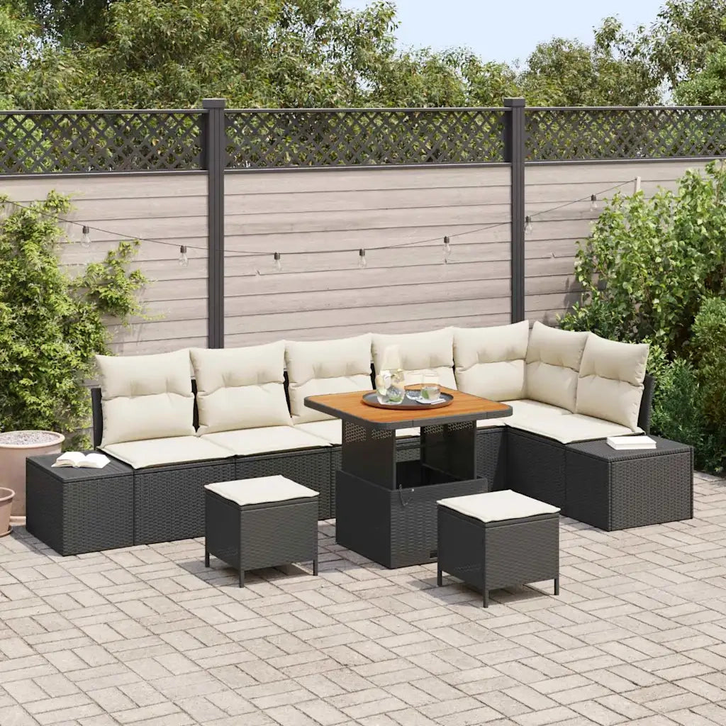 Set Divano da Giardino con cuscino 9 pcs Nero Poly Rattan