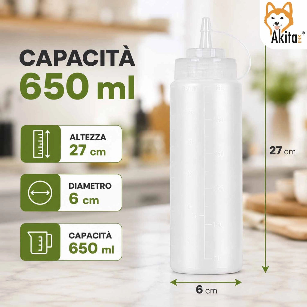 Akitaink Set 4 Bottiglie Squeeze per Salse 650 ml Dosatrici