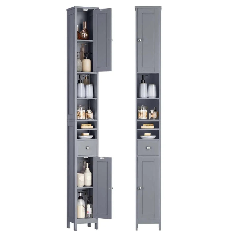 Mobiletto alto da bagno 195 x 214 x 180 cm stretto con ripiani regolabili cassetto e vani a giorno per piccoli spazi grigio moderno 12_0005197