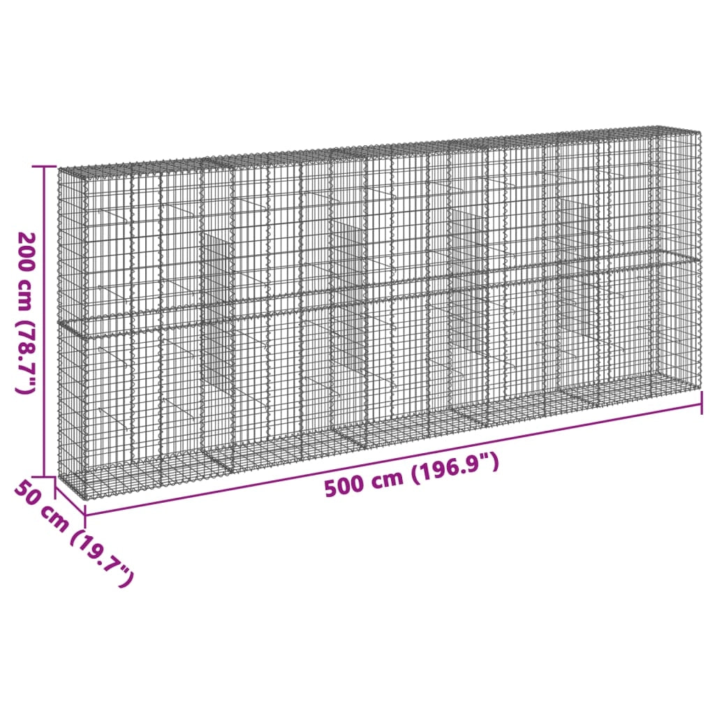 Gabbione recinto a gabbia muro di contenimento con coperchio 500 x 50 x 200 cm ferro zincato argento 02_0040175