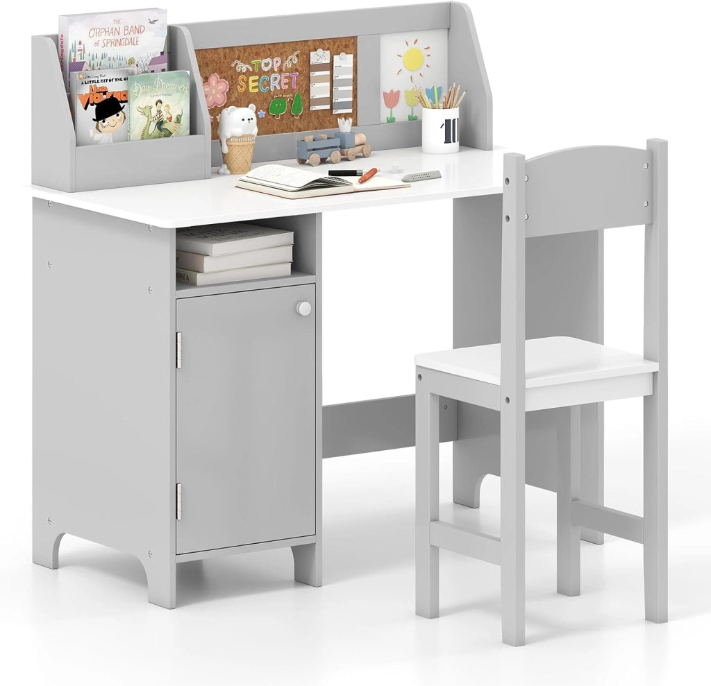 Set Scrivania e Sedia per Bambini per Studio e Lettura, Grigio | Banco Scuola con Sedia Ergonomica, Lavagna Bianca, Pennarello, Armadietto e Bacheca, Postazione Computer per Cameretta Studio