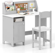 Set Scrivania e Sedia per Bambini per Studio e Lettura, Grigio | Banco Scuola con Sedia Ergonomica, Lavagna Bianca, Pennarello, Armadietto e Bacheca, Postazione Computer per Cameretta Studio