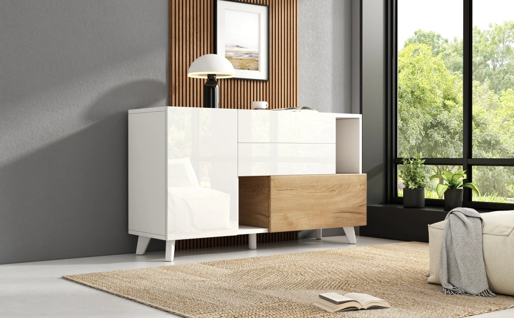 Credenza Moderna Bianco Lucido e Legno Madia 130 cm con 2 Cassetti e Ante Stile Scandinavo