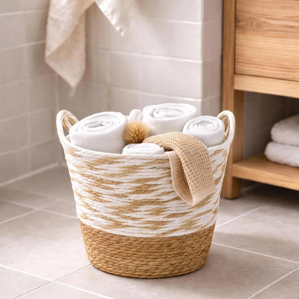 Cesti Portaoggetti Vimini e Corda Bianco Beige Maniglie cm 34 x34 x h30 Set da 3
